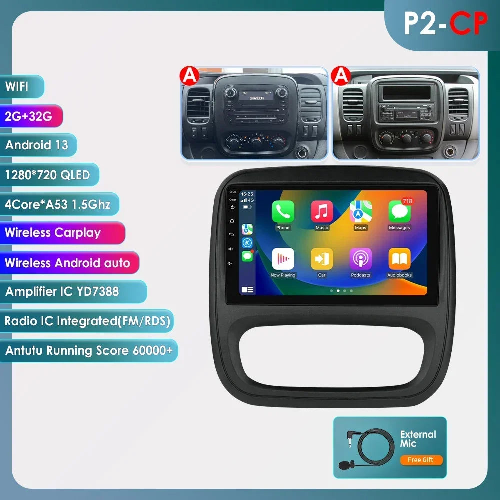 9" Wireless Carplay Android Auto Car Radio for Renault Trafic 3 Opel Vivaro B Multimedia Player GPS Navigation Stereo RDS DSP 4G