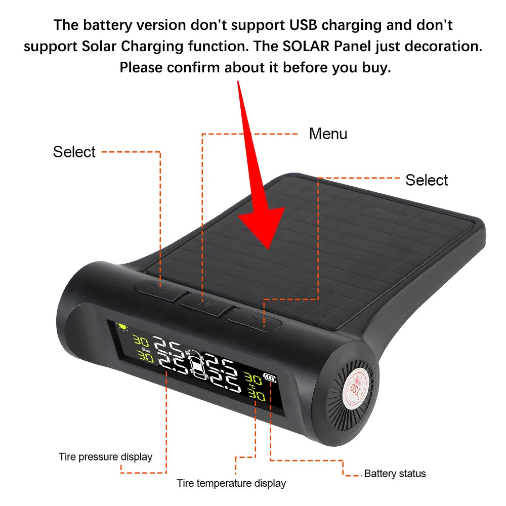 Solar Car RV Truck TPMS Tire Pressure Monitoring System With 4/6 External Sensors Wireless 180° Adjustable Bracket Waterproof