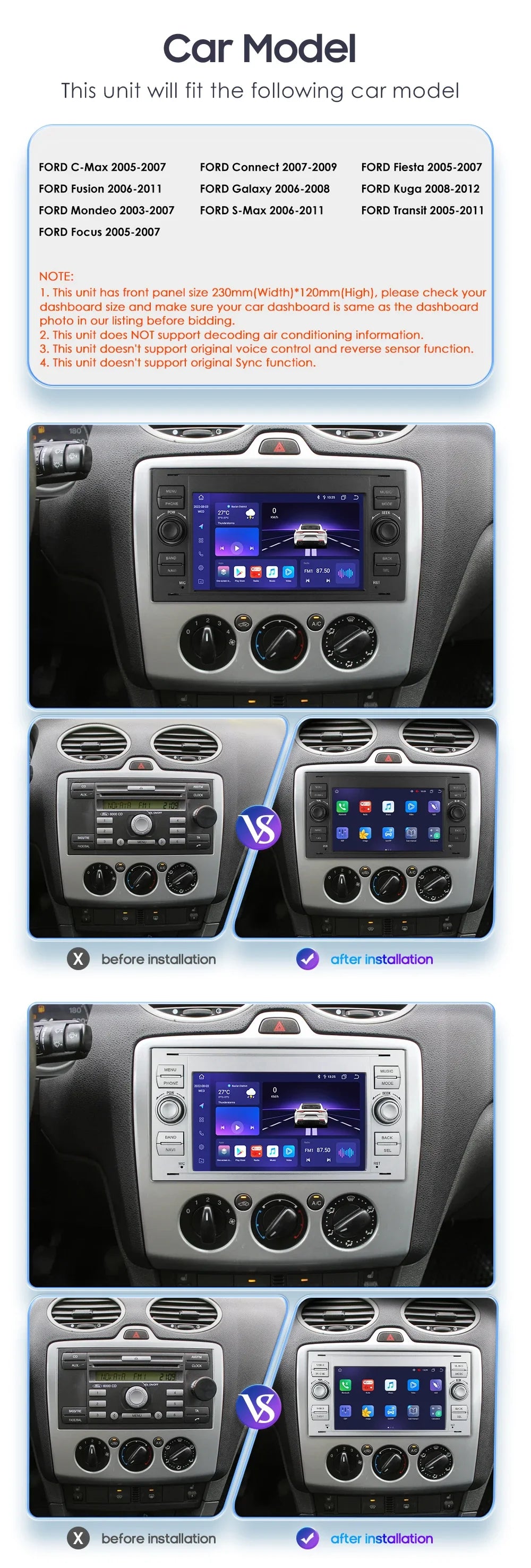 2din Carplay Android Car Radio Multimedia Player for Ford Mondeo Fiesta S-max Focus Galaxy Transit Fusion Connect Kuga GPS NOCAN