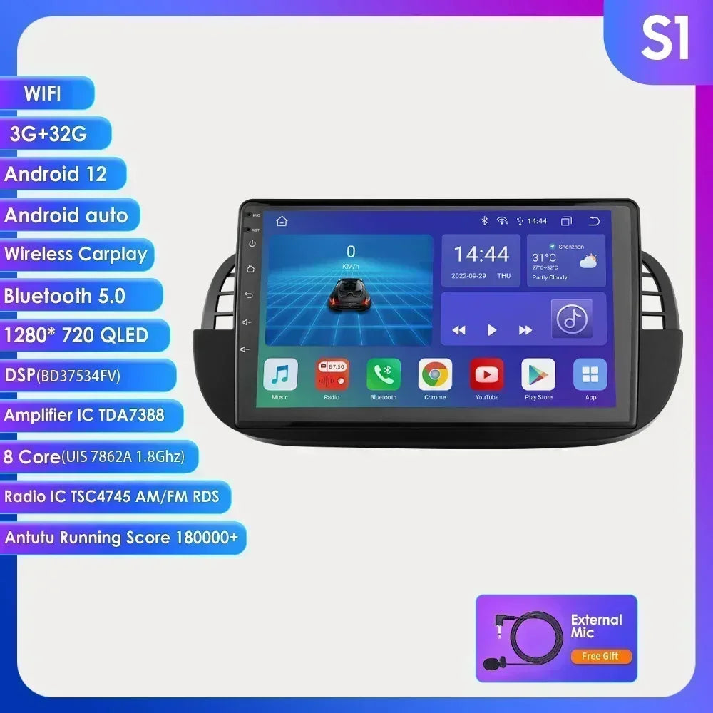 8 Core Android 13 Auto Car Radio Carplay for FIAT 500 2007-2014 Multimedia Video Player Stereo GPS Navi BT SWC RDS DSP 4G NO DVD