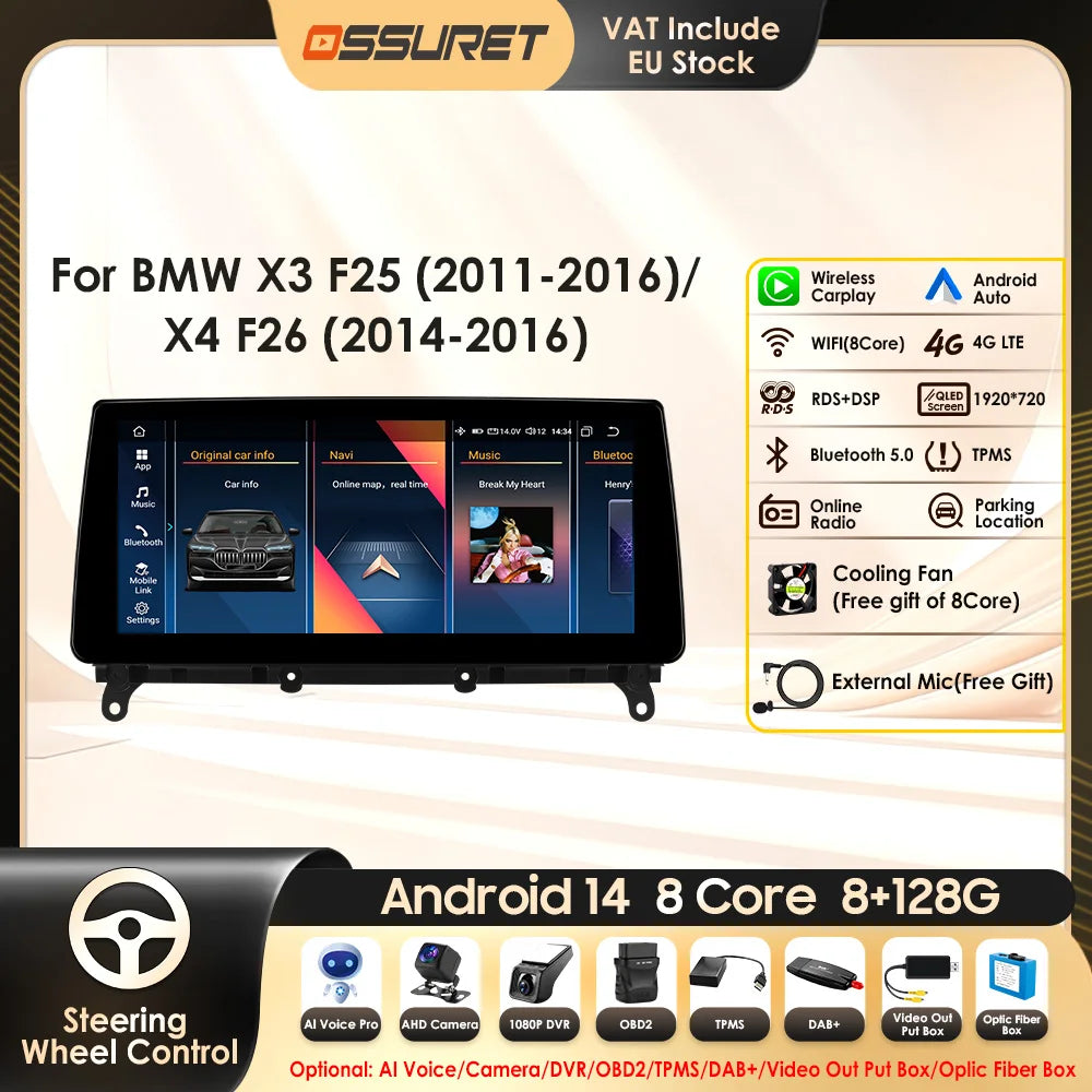 10.25" Wireless Carplay Android Car Radio Multimedia Player for BMW X3 F25 2011-2016 X4 F26 CIC NBT 2din GPS DSP BT Navi 4G QLED