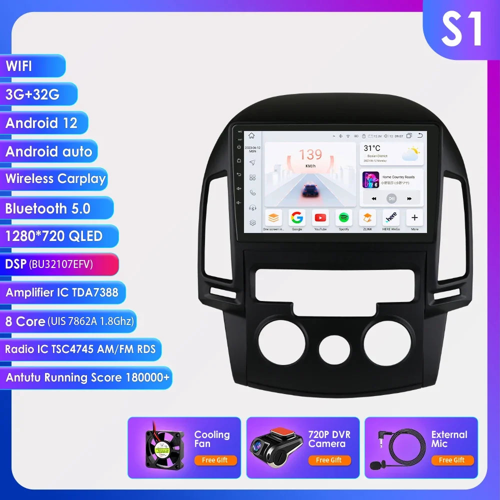 Android 13 Wireless Carplay for Hyundai I30 MT AT 2006 - 2011 9" Car Multimedia Player GPS Navi BT DSP 4G 2 Din Autoradio Stereo