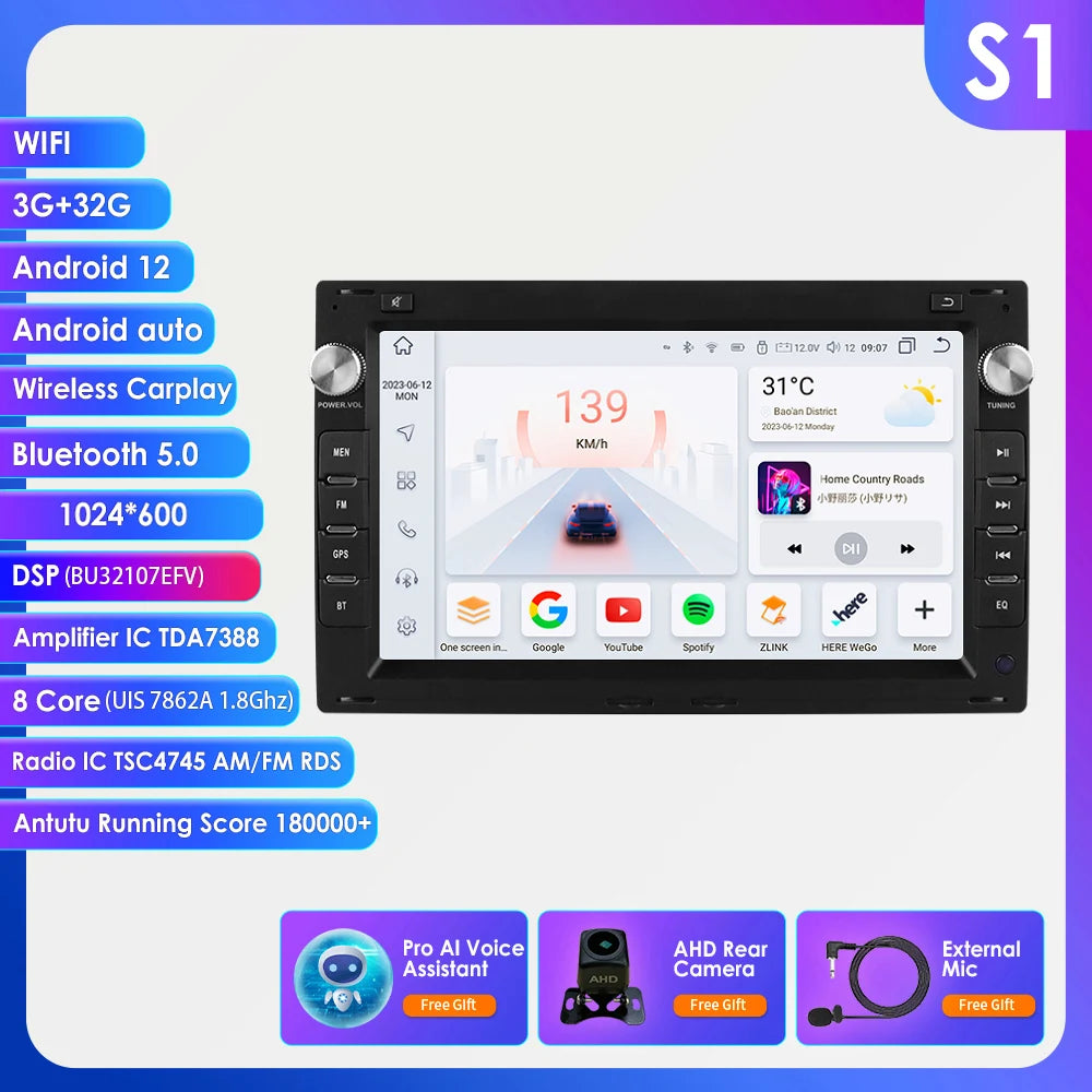 7 Inch Wireless Carplay Android Auto Android 14 Radio Car Multimedia for VW Golf 4 Passat POLO Transport T5 Multivan Seat Jetta
