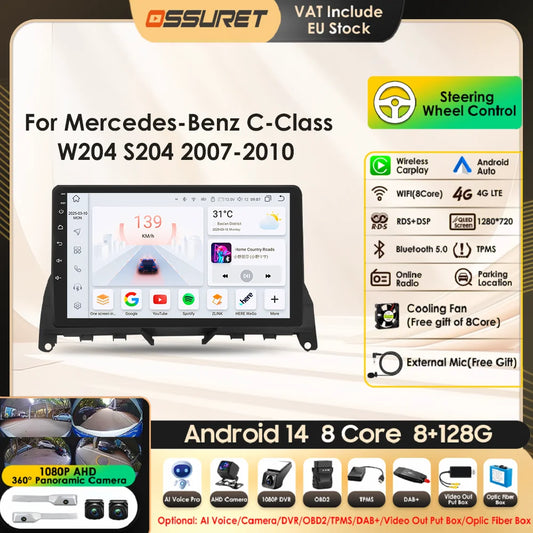 For Mercedes Benz C-Class W204 S204 2007-2010 Android 13 2 Din 9" Car Radio Multimedia Player AutoStereo AI Voice RDS DSP BT SWC