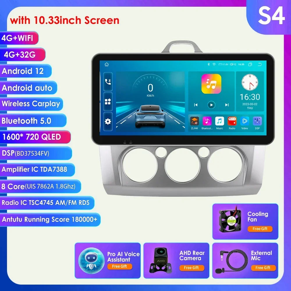 10.33" Wireless Carplay Android Auto for Ford Focus Mk2 2004-2011 Multimedia Player 2 Din Car Radio GPS Navigation BT RDS DSP 4G