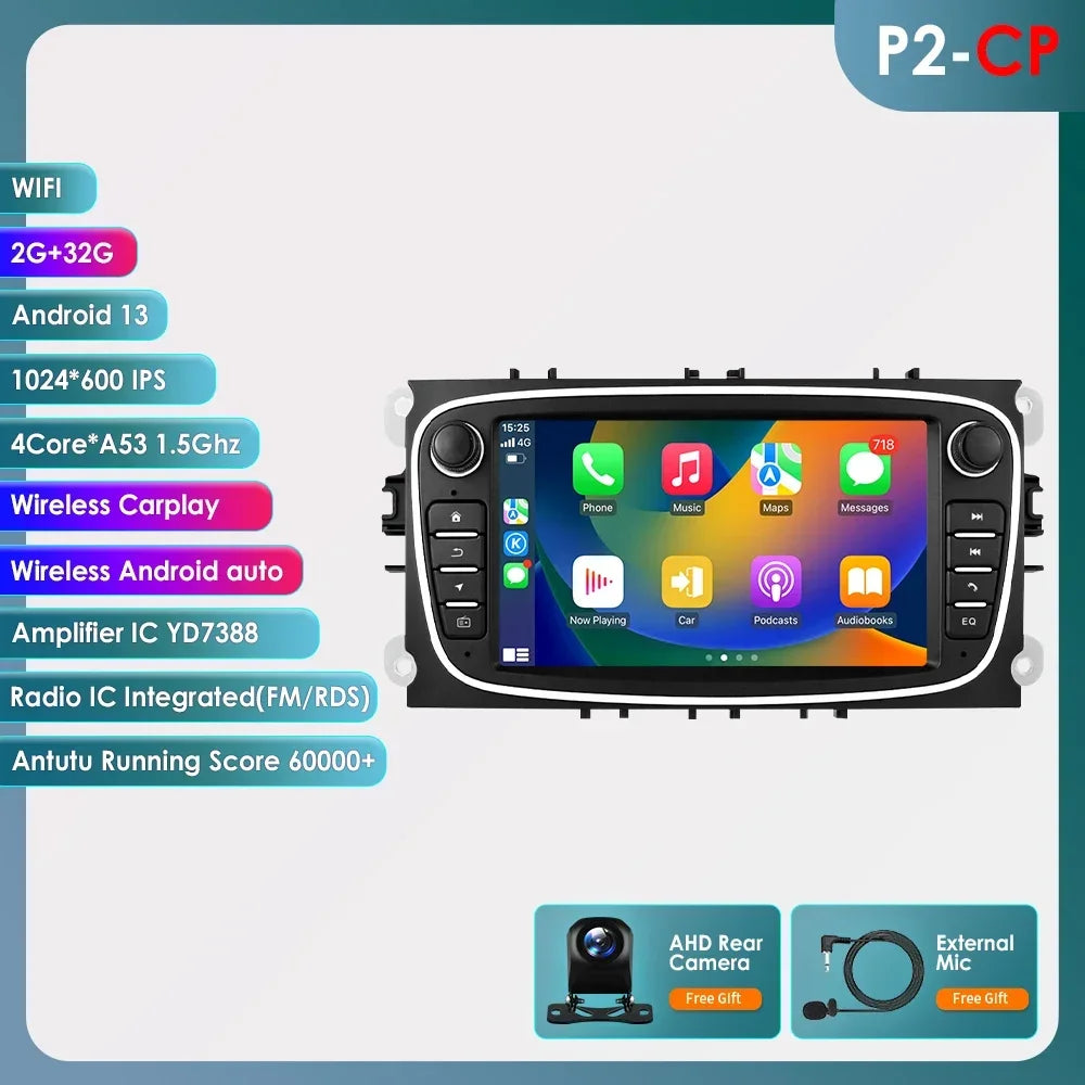 8G 128G 2 Din Carplay Android 13 for Ford Focus Mondeo Kuga C-MAX S-MAX Galaxy Car Radio Multimedia Player Audio Stereo GPS RDS