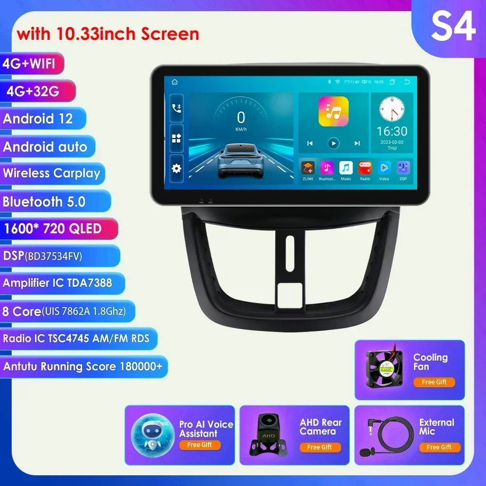 10.33" 8G+128G for Peugeot 207 207CC 2006 -2015 Android 13 2 Din Car Radio Multimedia Player Navigation Autoradio CarPlay Stereo
