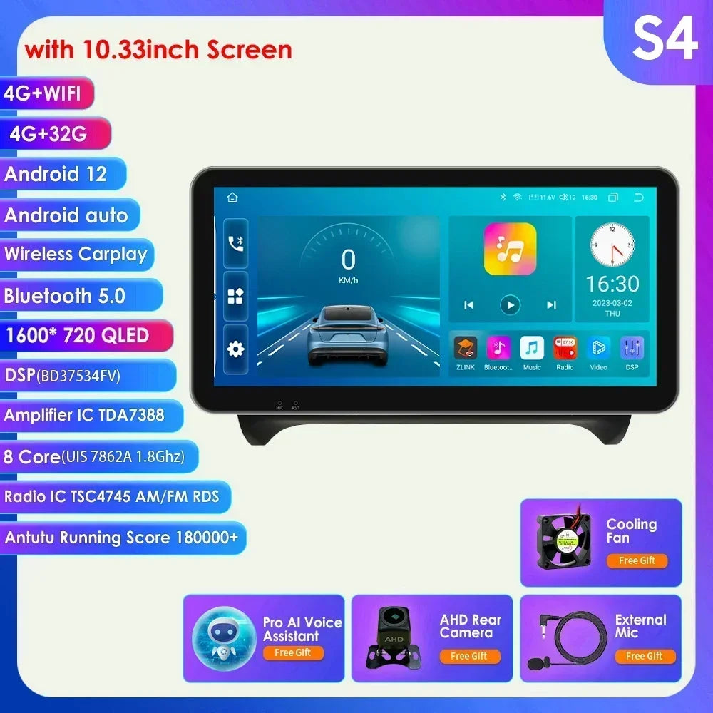 10.33" Wireless Carplay Android 13 Auto 8G+128G Car Radio Multimedia Player for AUDI TT MK2 8J 2006 2007-2014 GPS Navigation RDS