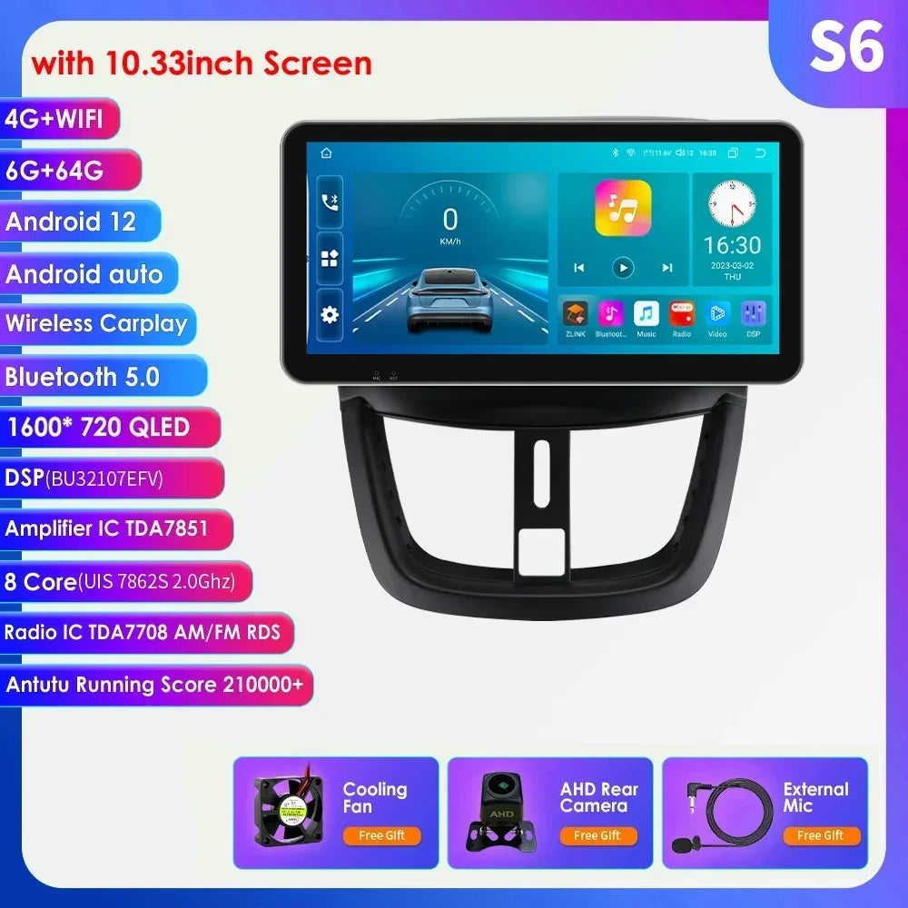 10.33" 8G+128G for Peugeot 207 207CC 2006 -2015 Android 13 2 Din Car Radio Multimedia Player Navigation Autoradio CarPlay Stereo