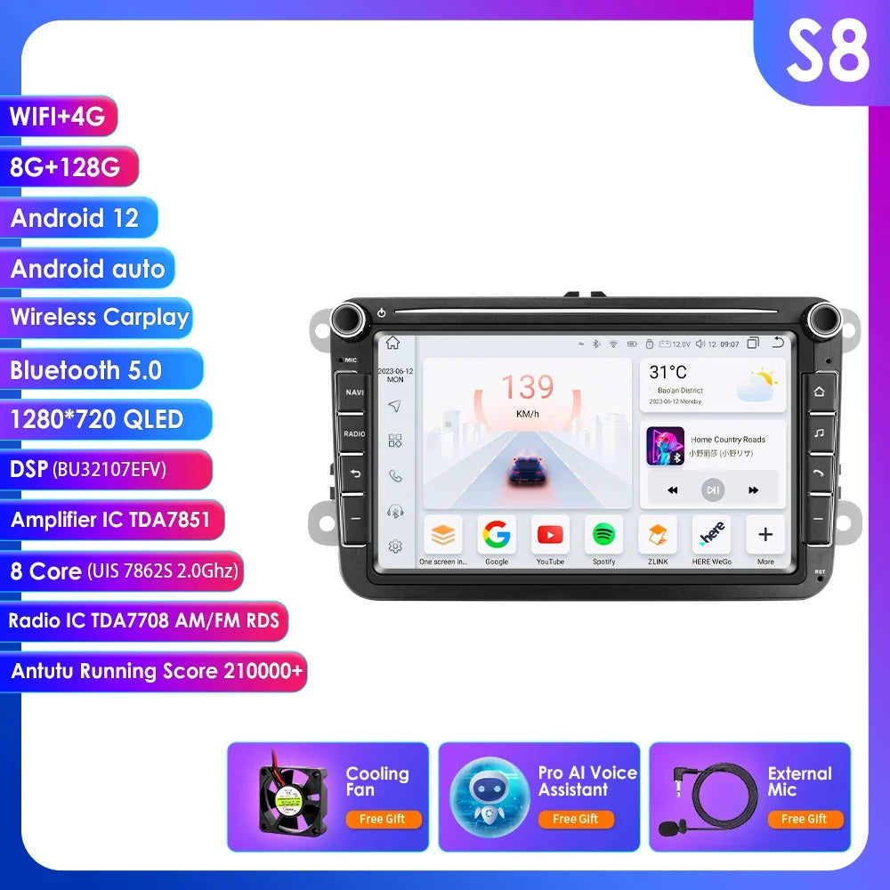 8" 2 Din Multimedia Player for Volkswagen Golf 5 Transporter VW Passat B6 Polo Jetta Skoda Seat Android 13 Carplay Car Radio GPS