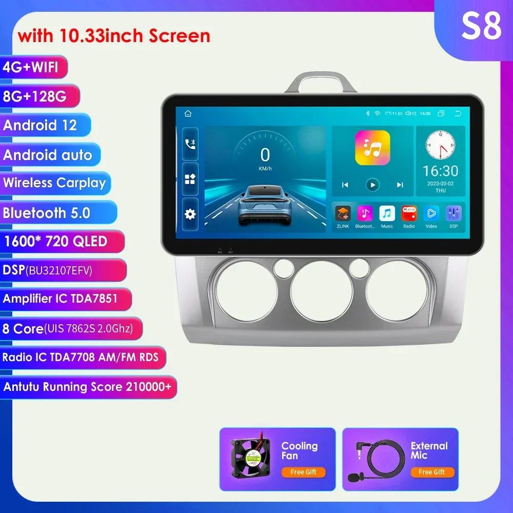 10.33" Wireless Carplay Android Auto for Ford Focus Mk2 2004-2011 Multimedia Player 2 Din Car Radio GPS Navigation BT RDS DSP 4G