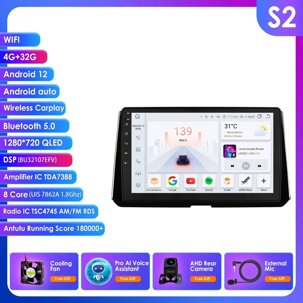 Wireless Carplay for Toyota Corolla 12 2018-2021 Android Autoradio 2 Din Car Radio Multimedia Player BT Navigation GPS Stereo 4G