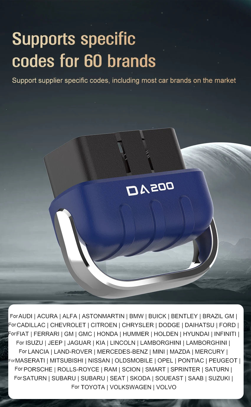 For DA200 OBD II Auto Fault Diagnosis Mode 6/8 Code Read Erase Bluetooth 4.0/5.4 OBD2 Scanner Free APP 25K80 Chip Battery Tester