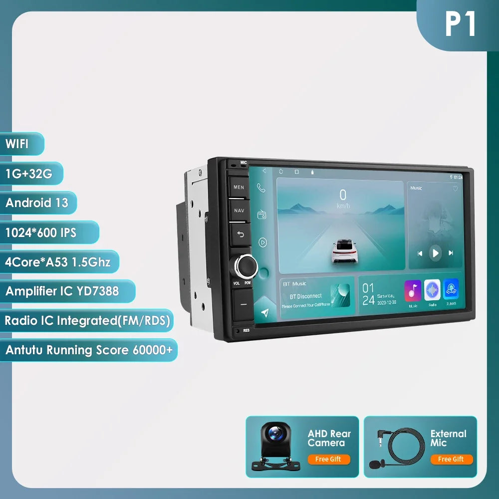 OSSURET Universal Android 14 4G 64G 7'' 2 Din Car Multimedia Player with BT GPS DSP for Toyota Verso Nissan Qashqai Hyundai I 10