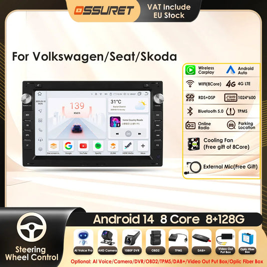 7 Inch Wireless Carplay Android Auto Android 14 Radio Car Multimedia for VW Golf 4 Passat POLO Transport T5 Multivan Seat Jetta