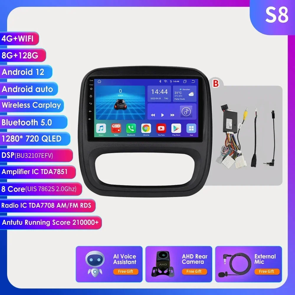9" Wireless Carplay Android Auto Car Radio for Renault Trafic 3 Opel Vivaro B Multimedia Player GPS Navigation Stereo RDS DSP 4G