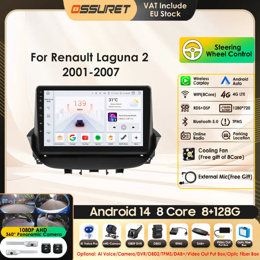 9" Android 13 Radio Car Multimedia 2Din Wireless Carplay Android Auto for Renault Laguna 2 2001-2007 Support OBD DAB RDS BT WIFI