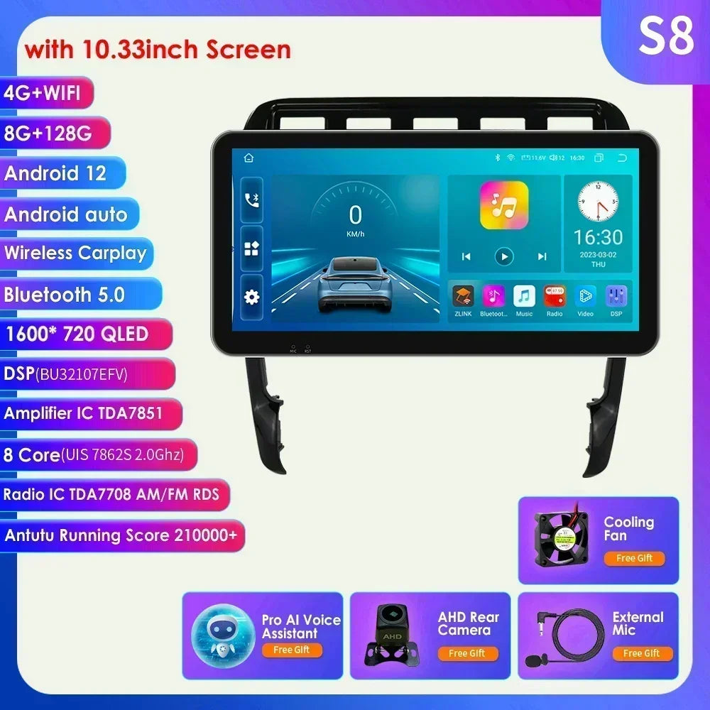 10.33" Wireless Carplay Android 13 Car Multimedia Player for Porsche Cayenne 1 2002-2010 2din Navigation GPS RDS Headunit Stereo
