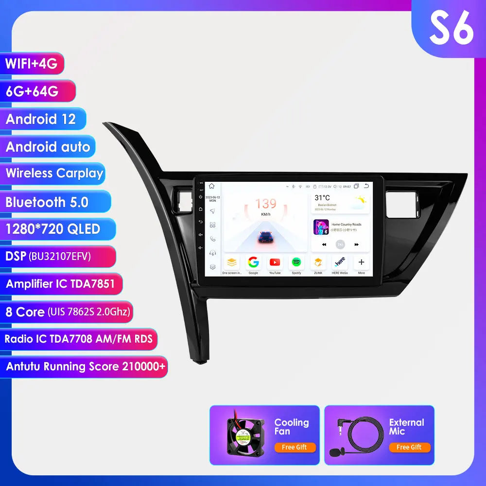 10.1" Android 14 Radio Car Multimedia 2 Din Wireless Carplay Android Auto for Toyota Corolla Auris 2013-2016 (Left Hand Driving)