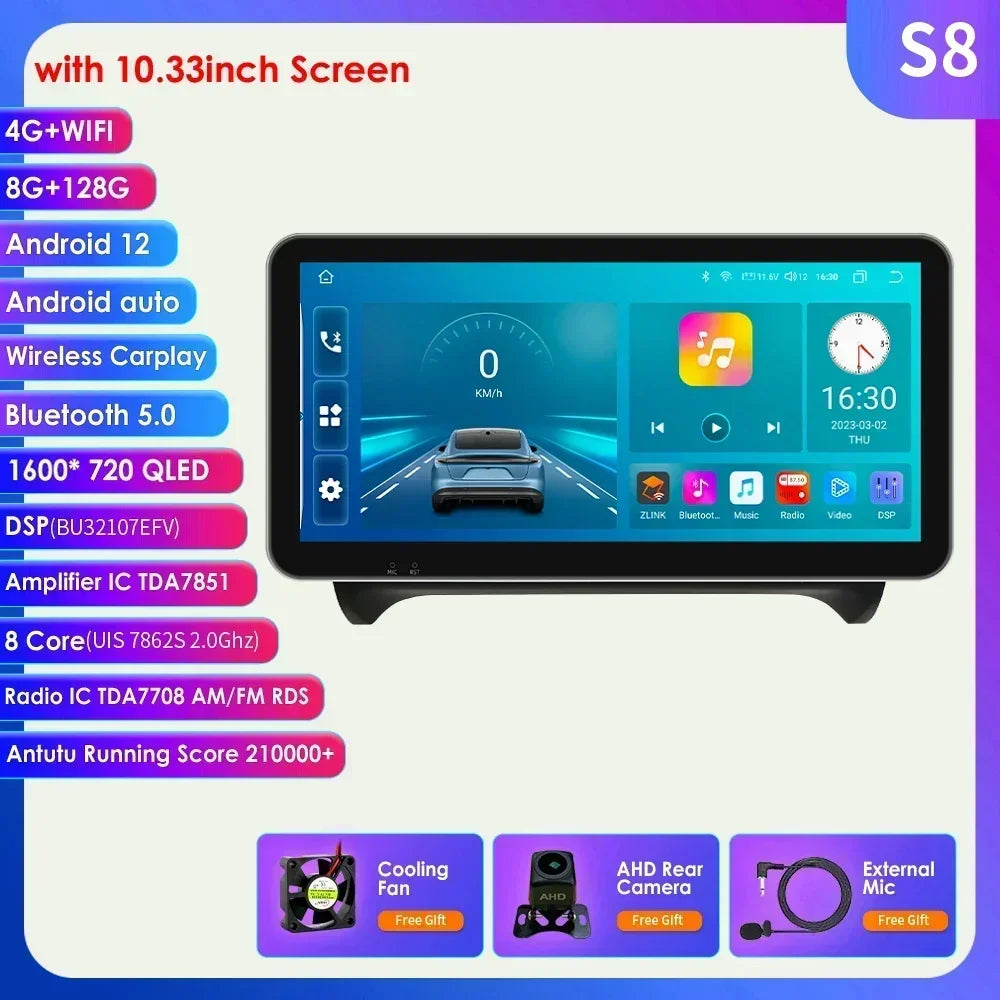 10.33" Wireless Carplay Android 13 Auto 8G+128G Car Radio Multimedia Player for AUDI TT MK2 8J 2006 2007-2014 GPS Navigation RDS