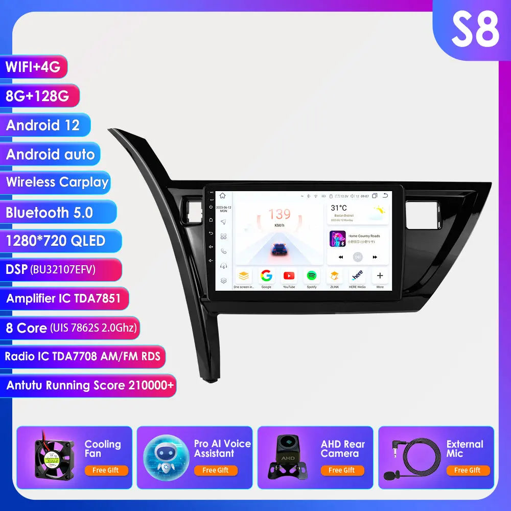 10.1" Android 14 Radio Car Multimedia 2 Din Wireless Carplay Android Auto for Toyota Corolla Auris 2013-2016 (Left Hand Driving)