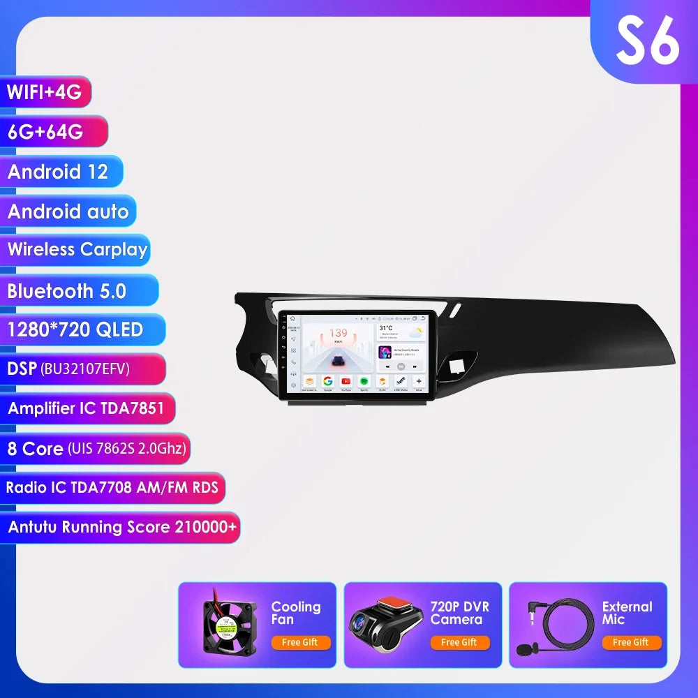 9" 2 Din Carplay Screen Android 13 Auto Radio for Citroen C3 DS3 2010 - 2016 Car Multimedia Player Navigation GPS RDS Stereo DSP