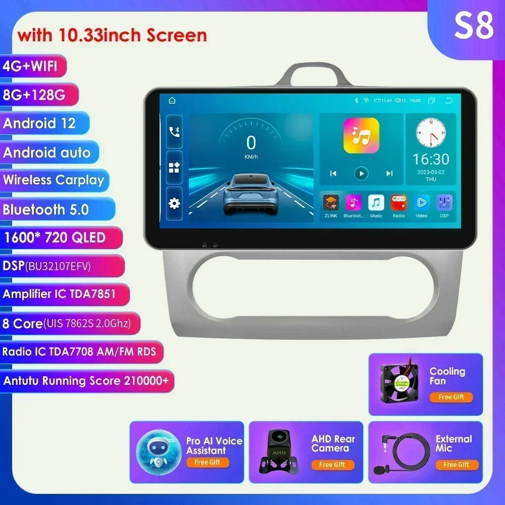 10.33" 2 Din Car Radio for Ford Focus Mk2 Carplay Android 13 Multimedia Video Player GPS Navigation Bluetooth Touch Screen RDS