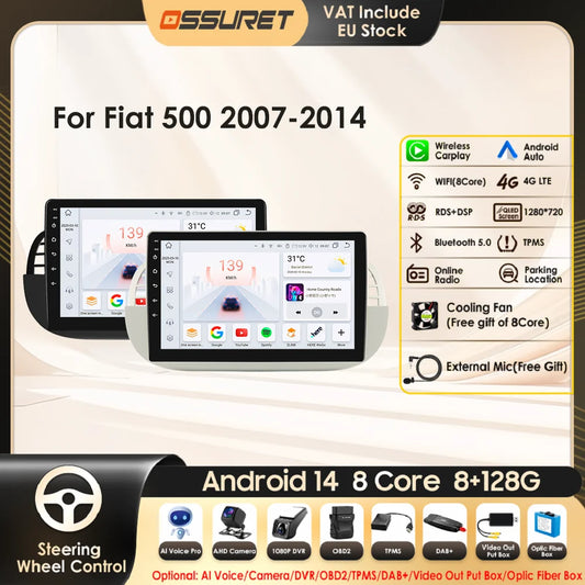 8 Core Android 13 Auto Car Radio Carplay for FIAT 500 2007-2014 Multimedia Video Player Stereo GPS Navi BT SWC RDS DSP 4G NO DVD
