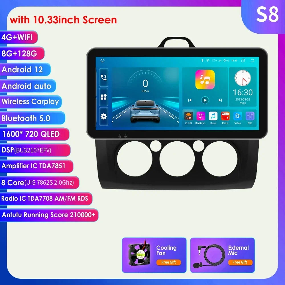 10.33" Wireless Carplay Android Auto for Ford Focus Mk2 2004-2011 Multimedia Player 2 Din Car Radio GPS Navigation BT RDS DSP 4G