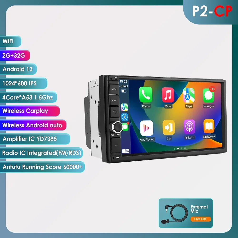 OSSURET Universal Android 14 4G 64G 7'' 2 Din Car Multimedia Player with BT GPS DSP for Toyota Verso Nissan Qashqai Hyundai I 10