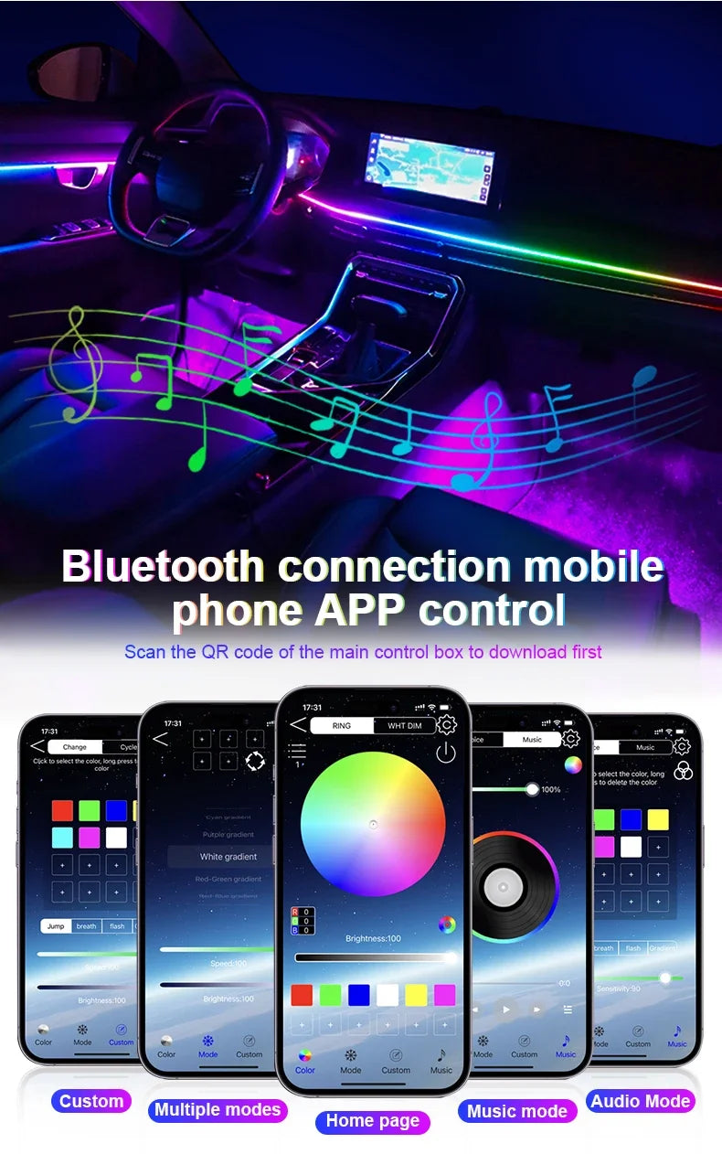 18 in 1 Led Car Ambient Lights Symphony Bluetooth App RGB 213 Color Streamer Rainbow Acrylic Strip Interior Atmosphere Lamp 12V