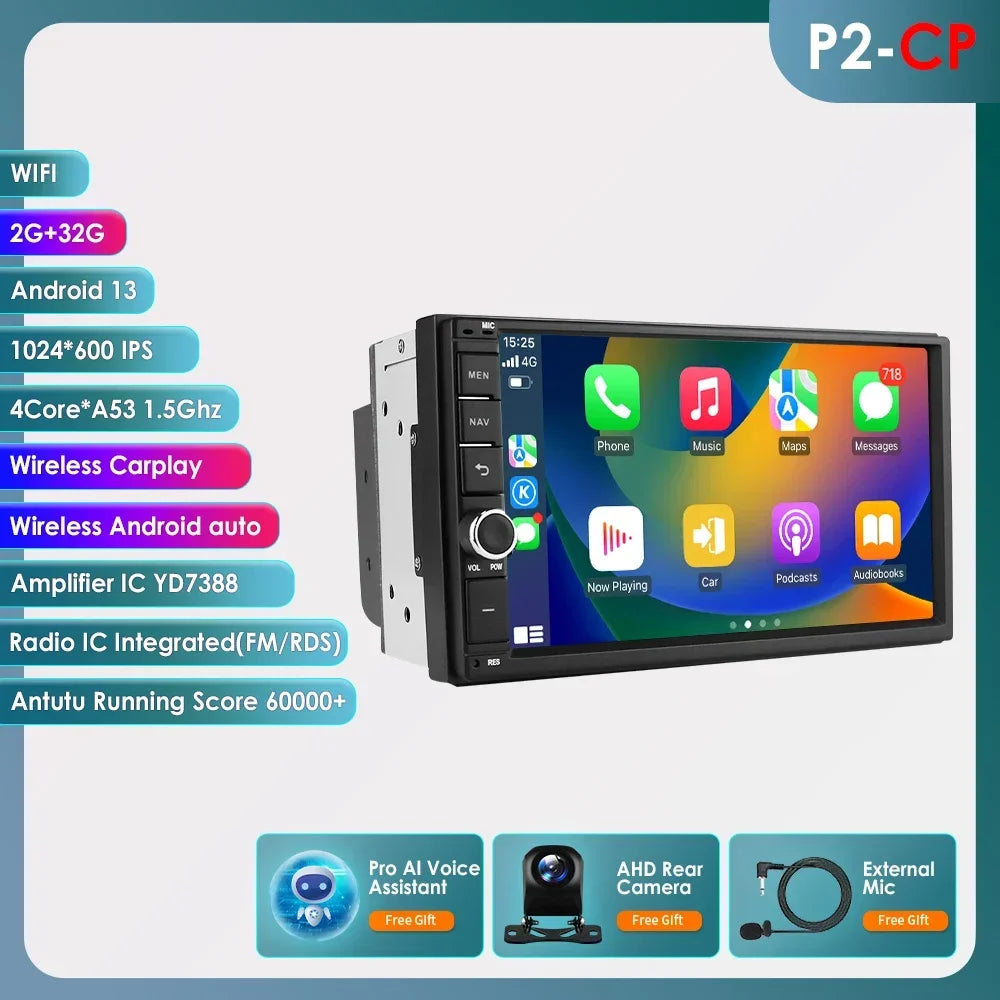 OSSURET Universal Android 14 4G 64G 7'' 2 Din Car Multimedia Player with BT GPS DSP for Toyota Verso Nissan Qashqai Hyundai I 10