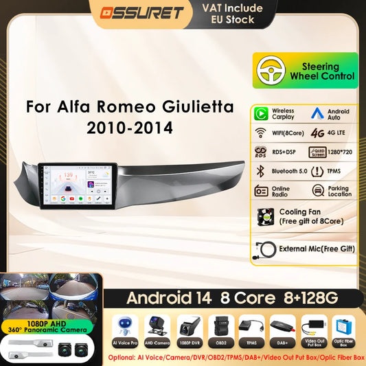 Android 13 Wireless Carplay Android Auto for Alfa Romeo Giulietta 2010-2014 Car Multimedia Video Player Support DAB DVR OBD BT
