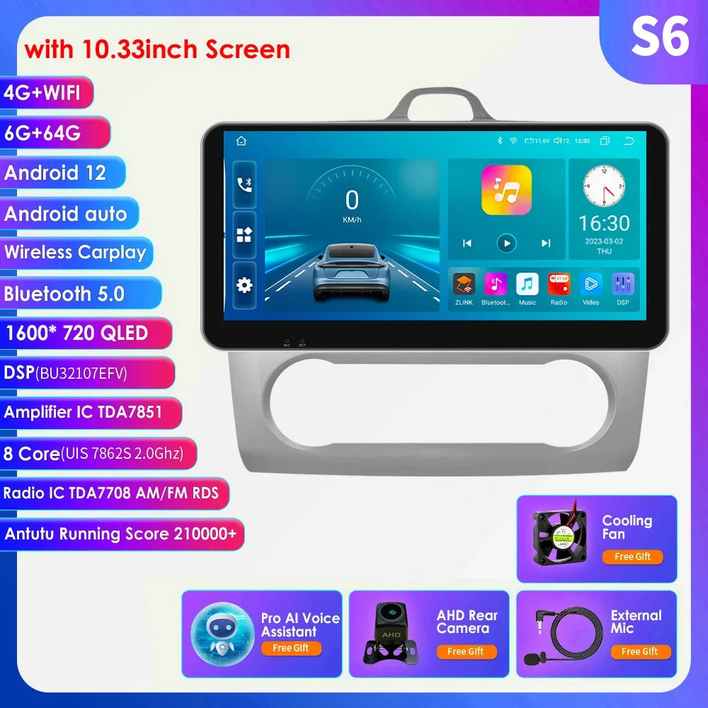 10.33" 2 Din Car Radio for Ford Focus Mk2 Carplay Android 13 Multimedia Video Player GPS Navigation Bluetooth Touch Screen RDS
