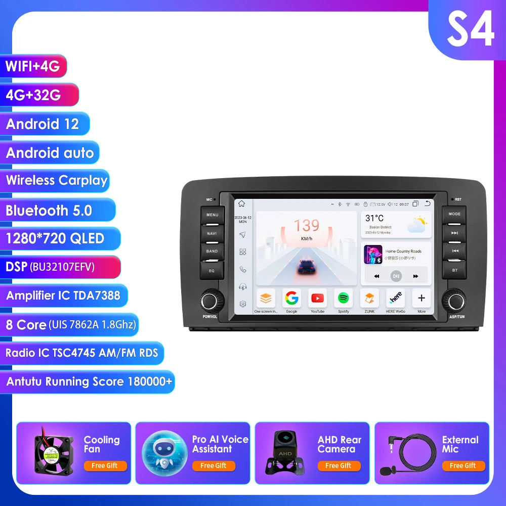 8" Android 14 Car Multimedia Player Wireless Carplay Android Auto for Mercedes Benz R-Class W251 R300 R280 R320 R350 2006-2012