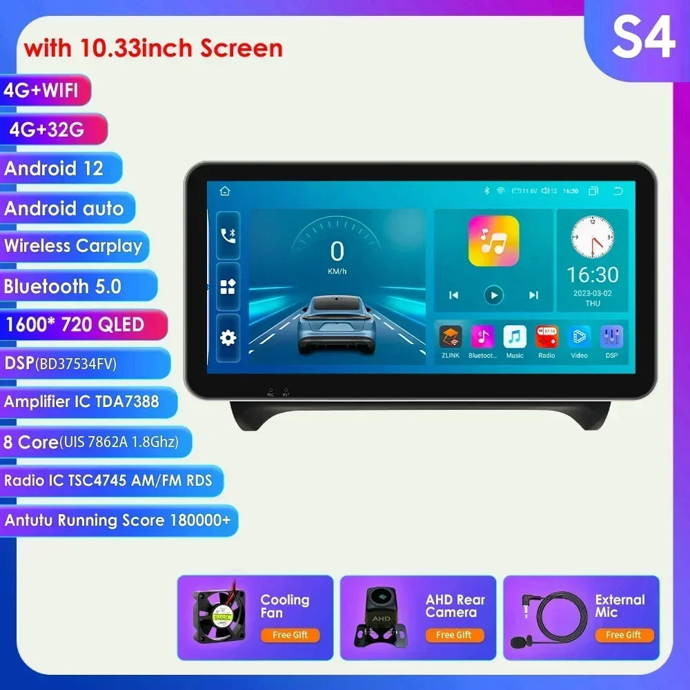 10.33" Wireless Carplay Android 13 Auto 8G+128G Car Radio Multimedia Player for AUDI TT MK2 8J 2006 2007-2014 GPS Navigation RDS