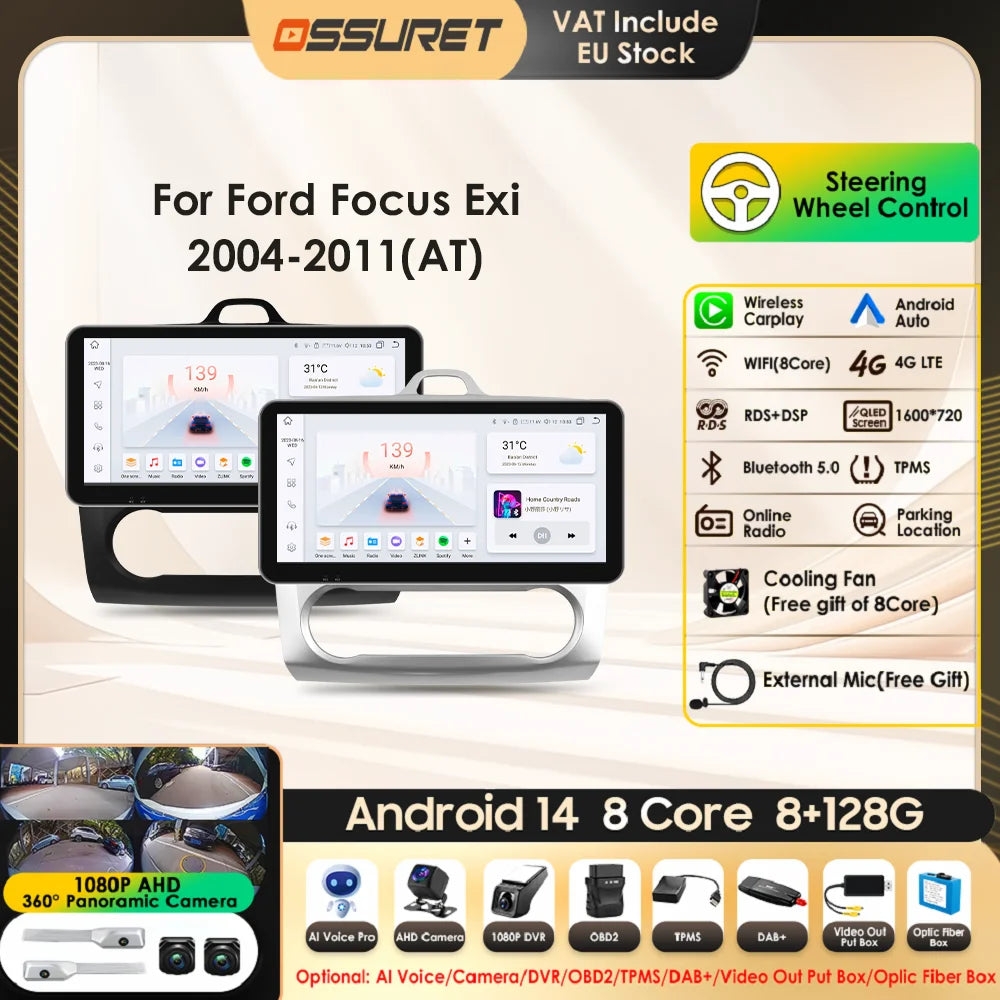 10.33" 2 Din Car Radio for Ford Focus Mk2 Carplay Android 13 Multimedia Video Player GPS Navigation Bluetooth Touch Screen RDS