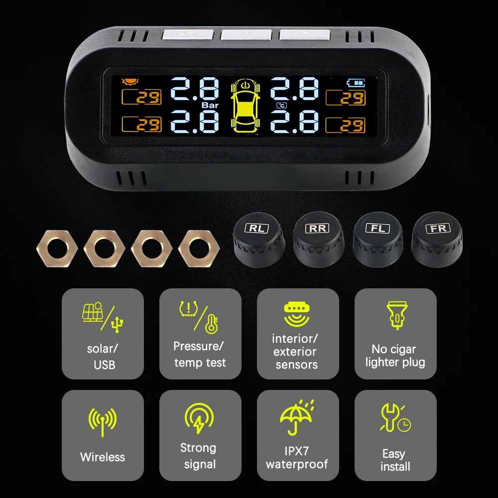 Solar Car RV Truck TPMS Tire Pressure Monitoring System With 4/6 External Sensors Wireless 180° Adjustable Bracket Waterproof