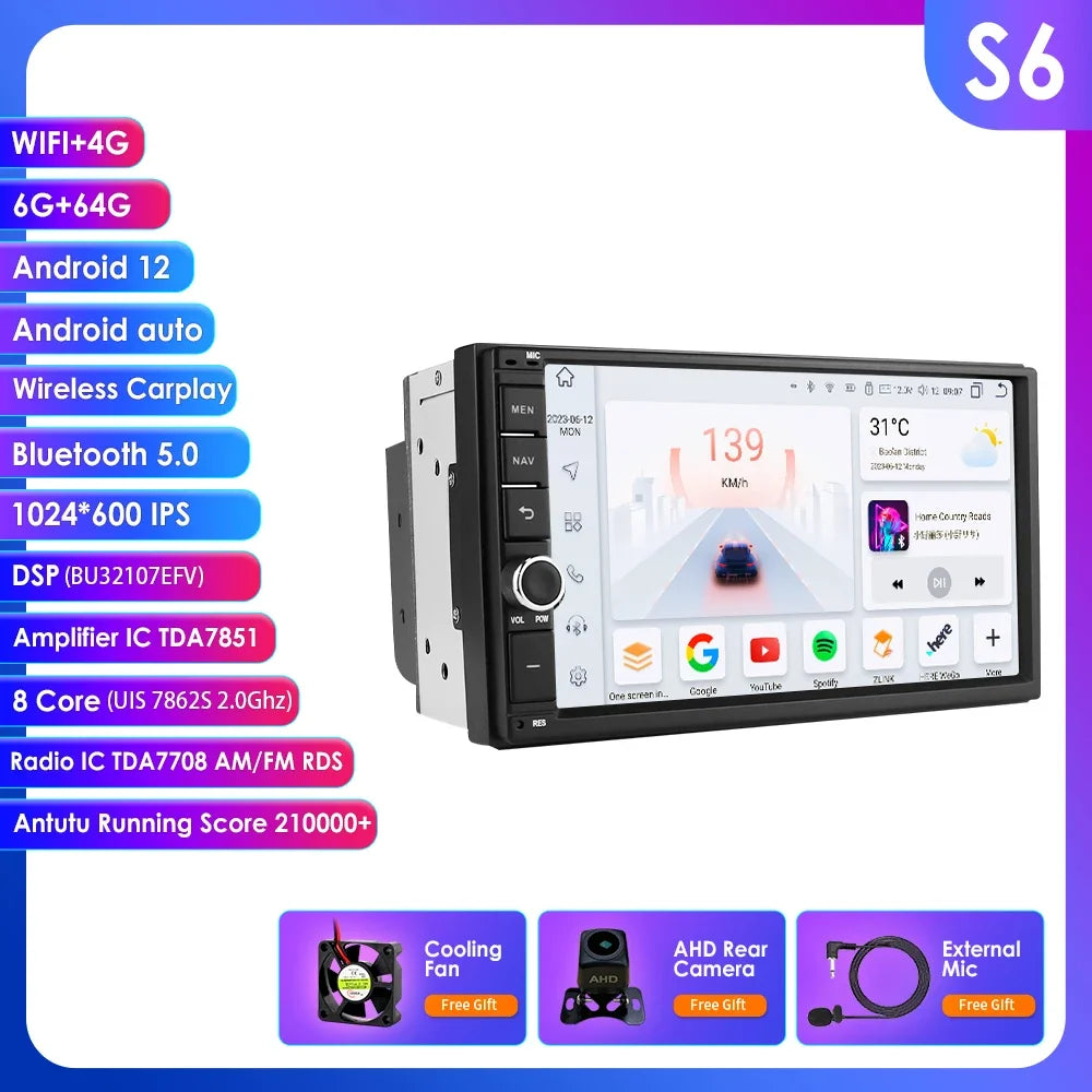 OSSURET Universal Android 14 4G 64G 7'' 2 Din Car Multimedia Player with BT GPS DSP for Toyota Verso Nissan Qashqai Hyundai I 10