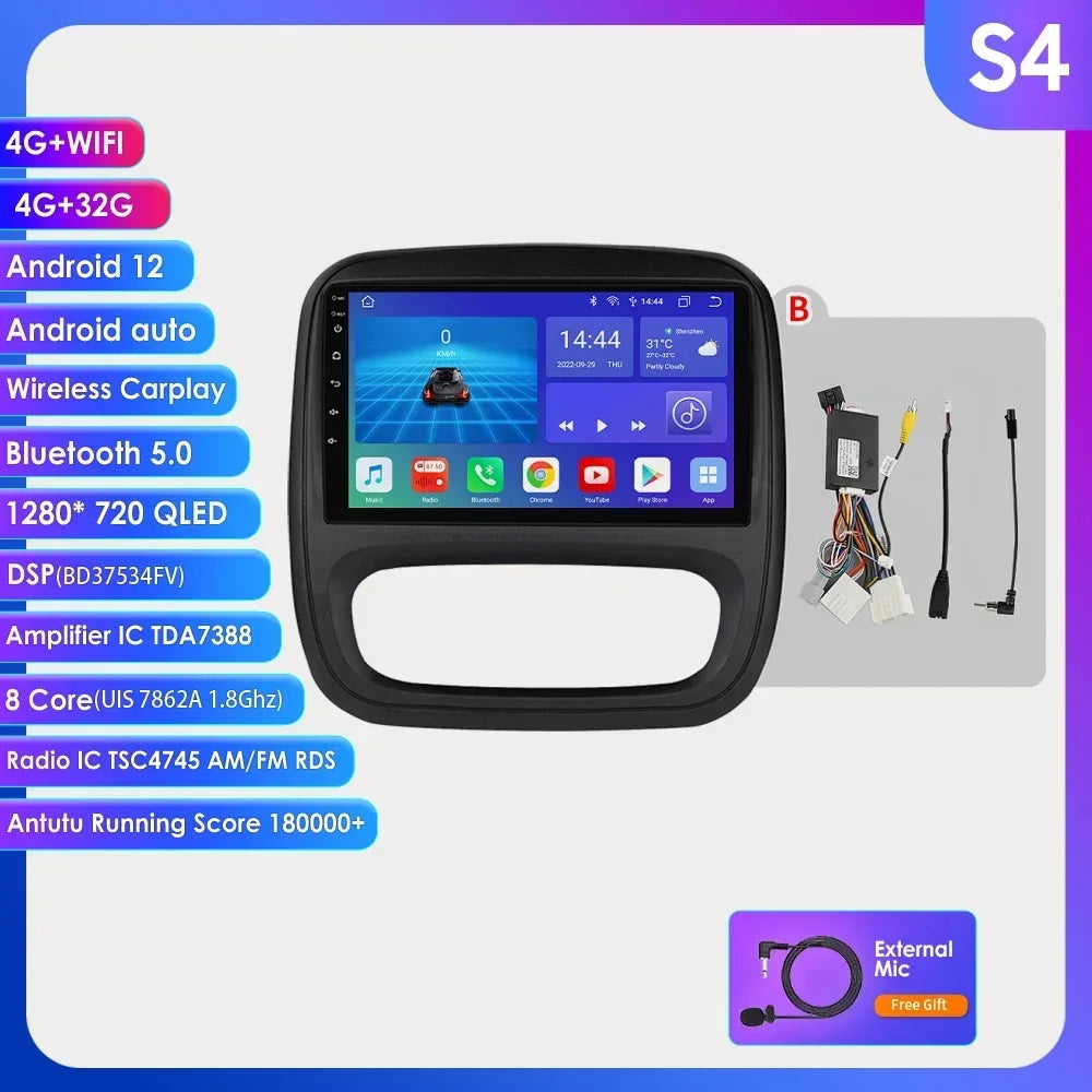 9" Wireless Carplay Android Auto Car Radio for Renault Trafic 3 Opel Vivaro B Multimedia Player GPS Navigation Stereo RDS DSP 4G