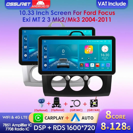 10.33" Wireless Carplay Android Auto for Ford Focus Mk2 2004-2011 Multimedia Player 2 Din Car Radio GPS Navigation BT RDS DSP 4G