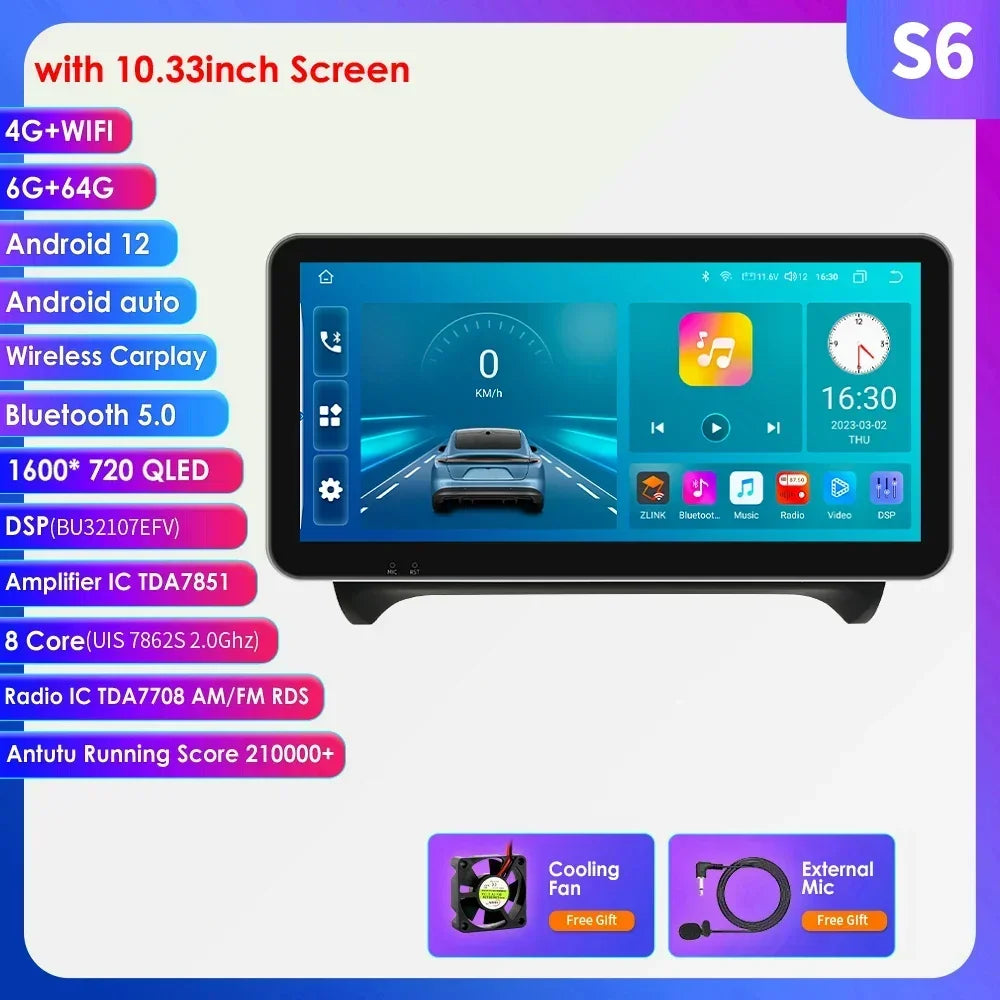 10.33" Wireless Carplay Android 13 Auto 8G+128G Car Radio Multimedia Player for AUDI TT MK2 8J 2006 2007-2014 GPS Navigation RDS
