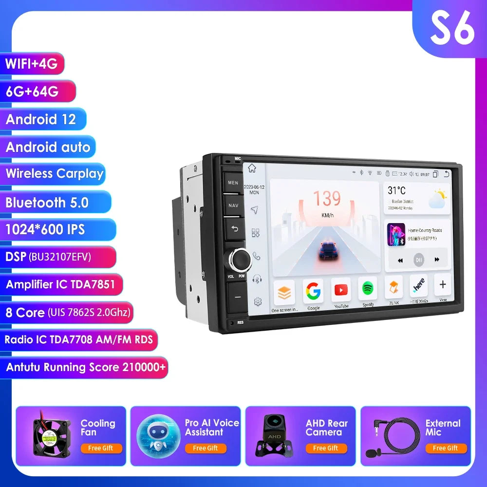 OSSURET Universal Android 14 4G 64G 7'' 2 Din Car Multimedia Player with BT GPS DSP for Toyota Verso Nissan Qashqai Hyundai I 10