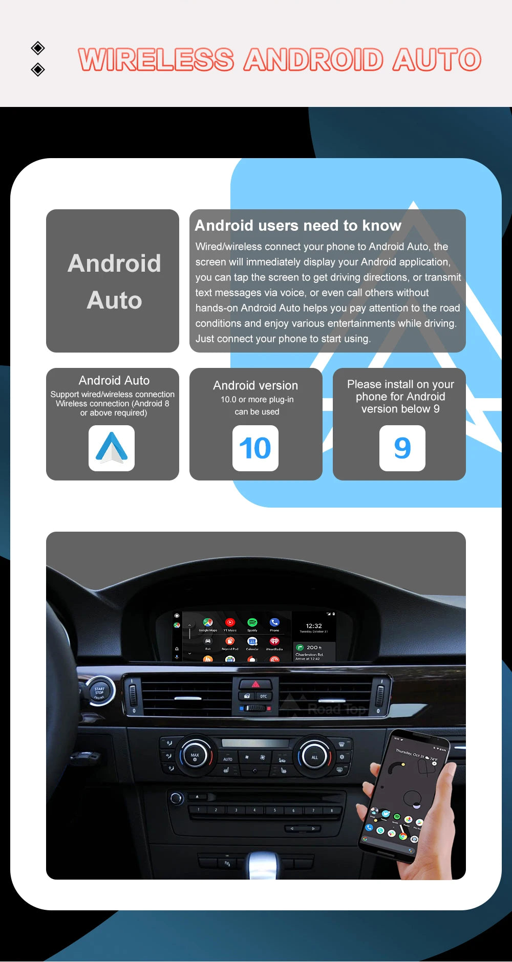 8.8"1920*720 Wireless CarPlay Android Auto Car Multimedia Display for BMW 3 Series E90 E91 E92 E93 5 Series E60 E61 Touch Screen