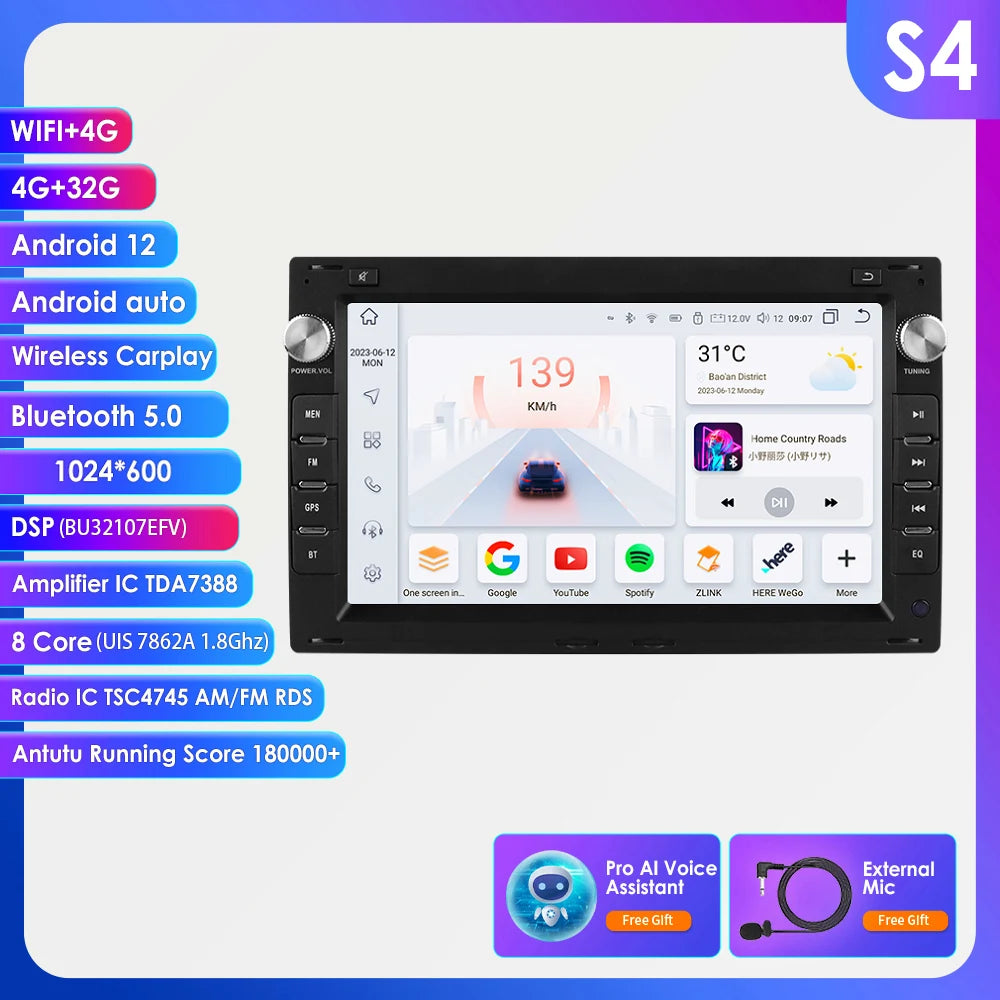 7 Inch Wireless Carplay Android Auto Android 14 Radio Car Multimedia for VW Golf 4 Passat POLO Transport T5 Multivan Seat Jetta