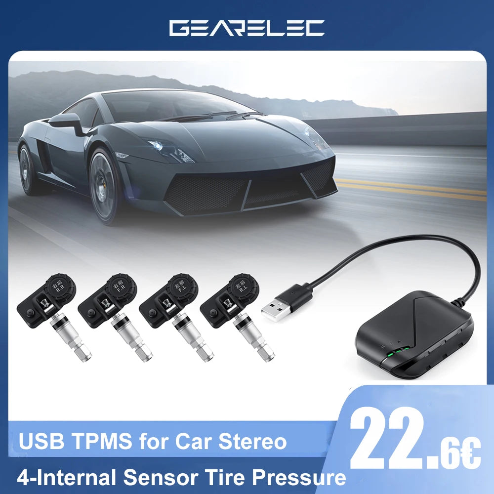 USB TPMS for Android Car Stereo Radio 4-Sensor Wireless Vehicle Auto Tire Pressure Monitoring Temperature Alarm System