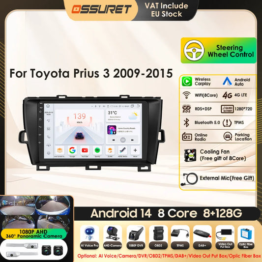 9" 2din Car Stereo Radio Video Multimedia Player for Toyota Prius 3 2009 - 2015 Android 13 Navigation GPS Autoradio 4G Head Unit