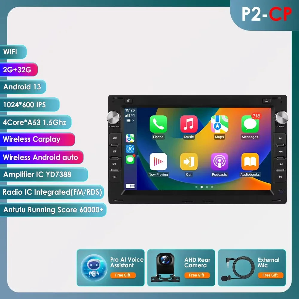 7 Inch Wireless Carplay Android Auto Android 14 Radio Car Multimedia for VW Golf 4 Passat POLO Transport T5 Multivan Seat Jetta