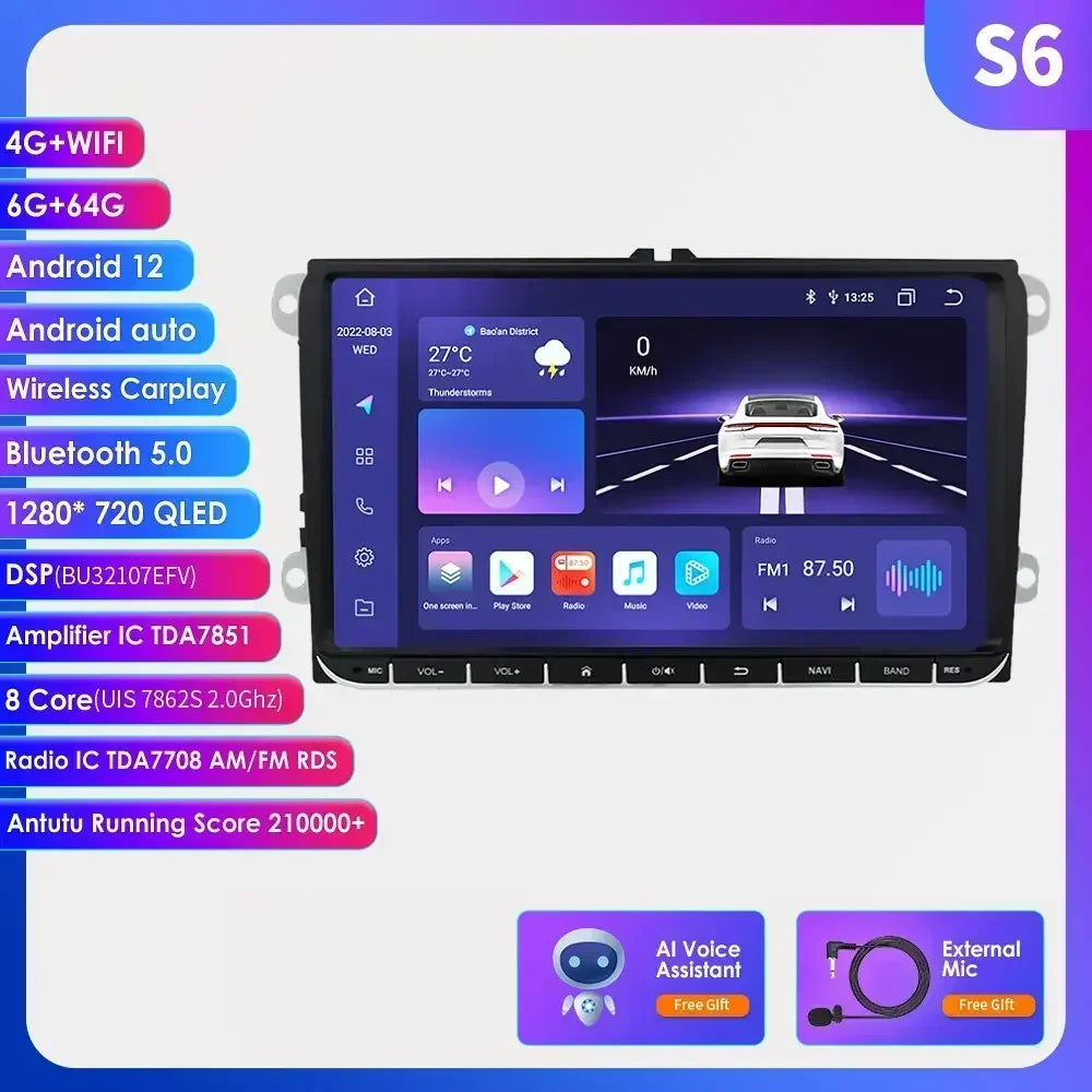 2 Din Carplay Android 14 for Volkswagen VW T5 Passat B6 Golf 6 5 Caddy Polo Touran Jetta Car Radio GPS Multimedia Player RDS BT