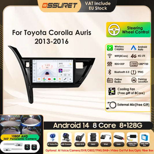 10.1" Android 14 Radio Car Multimedia 2 Din Wireless Carplay Android Auto for Toyota Corolla Auris 2013-2016 (Left Hand Driving)